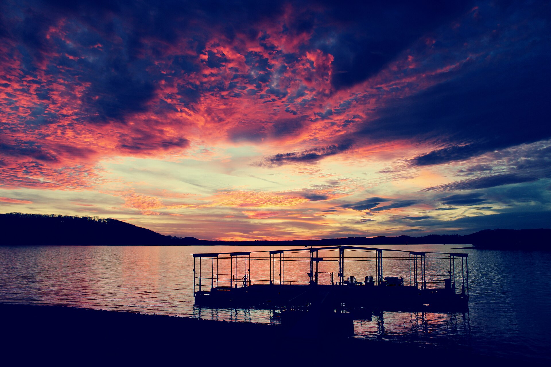 Sunset over an Ozarks dock