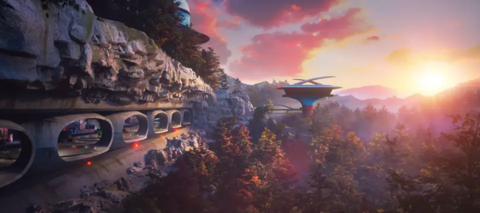 Rendered VR scene of a capsule soaring over a mountain landscape